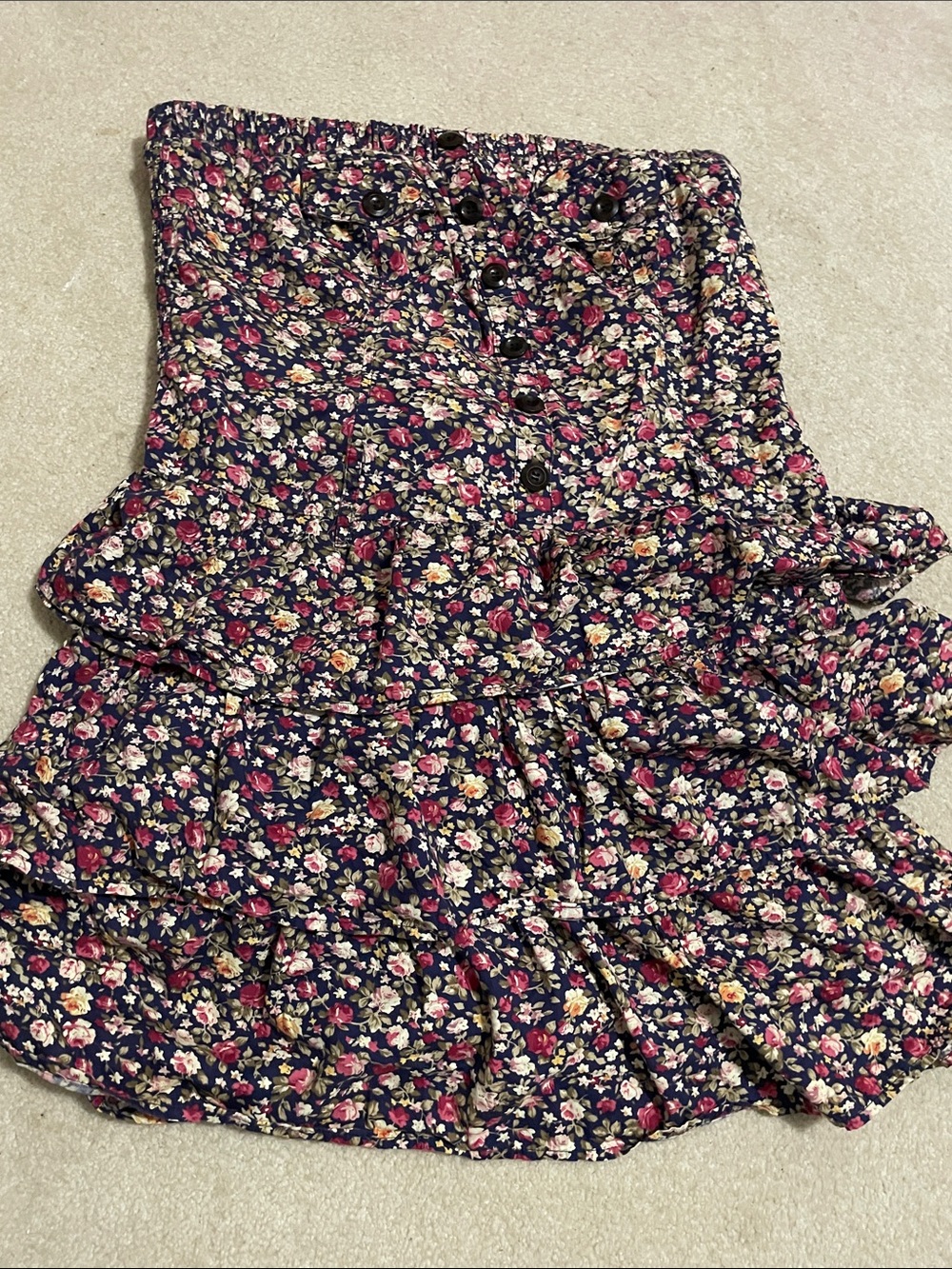 Strapless Floral Tiered Dress in Navy with Pink & Cream Accents